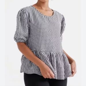 Nanette Lepore Top Black White Gingham Peplum 3/4 Puff Sleeve Plaid Checker Sz L